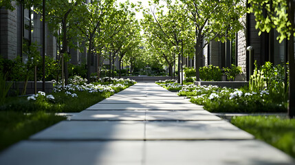 Obraz premium Stone Pathway Leads Through Lush Green Trees And White Blossoms In Daylight Under Bright Sky