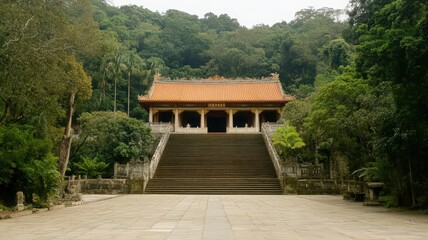 Obraz premium Ancient Orange-Roofed Temple Amidst Lush Greenery