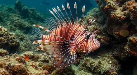A lionfish with its dramatic, venomous spines and bold red and white stripes.