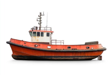 Fototapeta premium A small red boat floating peacefully on the surface of calm water