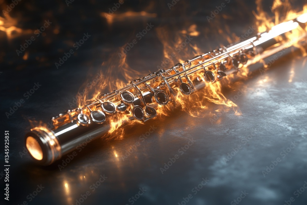 Poster a close-up view of a flute engulfed in flames