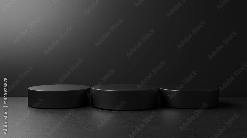 Poster On a dark surface, three glossy black circular objects are arranged in a line