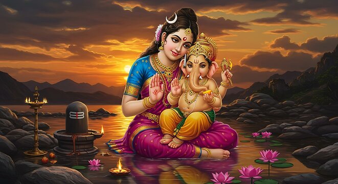 Goddess Parvati with child Ganesha at scenic sunset landscape illustration