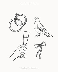 Hand-drawn vintage-style vector illustration featuring wedding symbols: intertwined rings, a dove, a champagne glass in hand, and a bow. Ideal for wedding invitations, decorations, and branding.