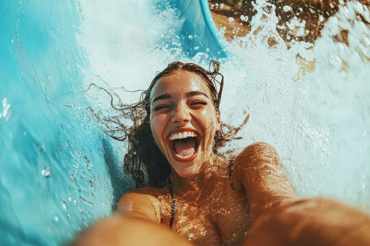 Joyful summer moments captured as a woman enjoys a thrilling water slide adventure at the water park