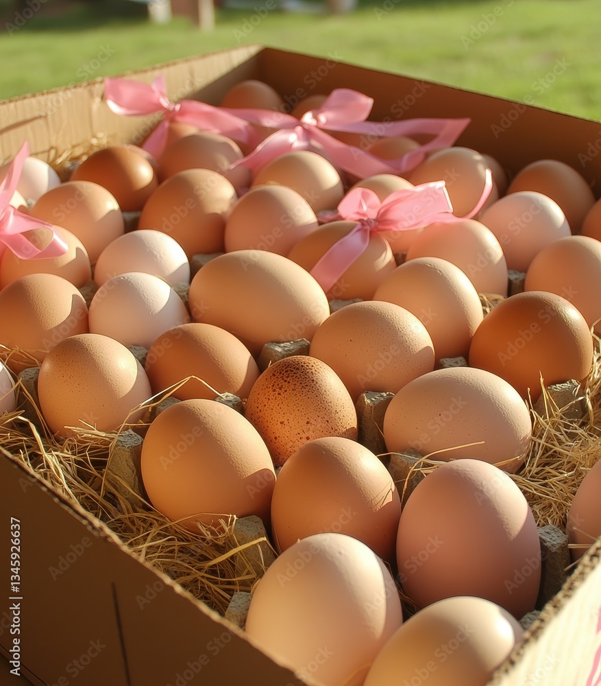 Poster fresh eggs in a cardboard box with pink ribbons and straw nesting material in natural light setting 