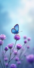 Fototapeta premium A delicate blue butterfly perches on a purple flower