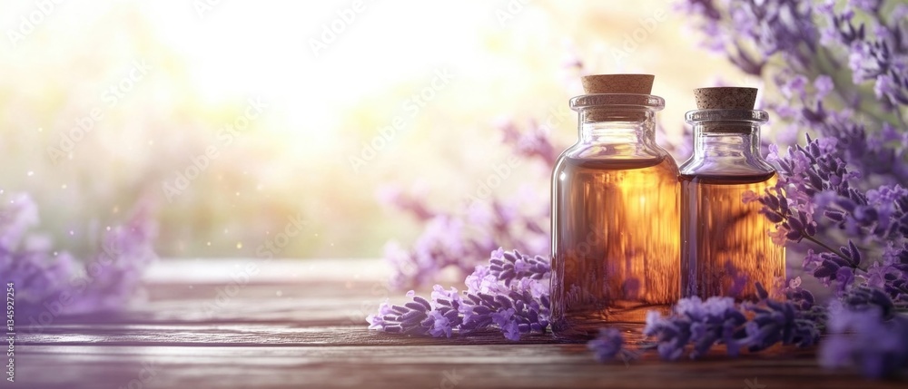 Poster two bottles of essential oils sit on a wooden table, ready for use