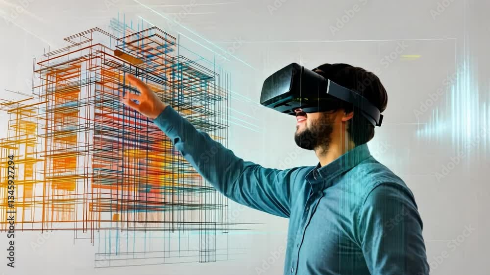 Poster vr architect: an architect, immersed in virtual reality with a headset, interacts with a digital arc