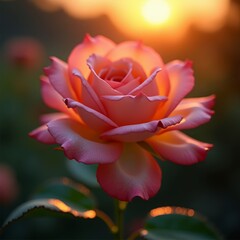 A delicate rose, its petals unfurled, bathed in golden light, a symbol of love and beauty