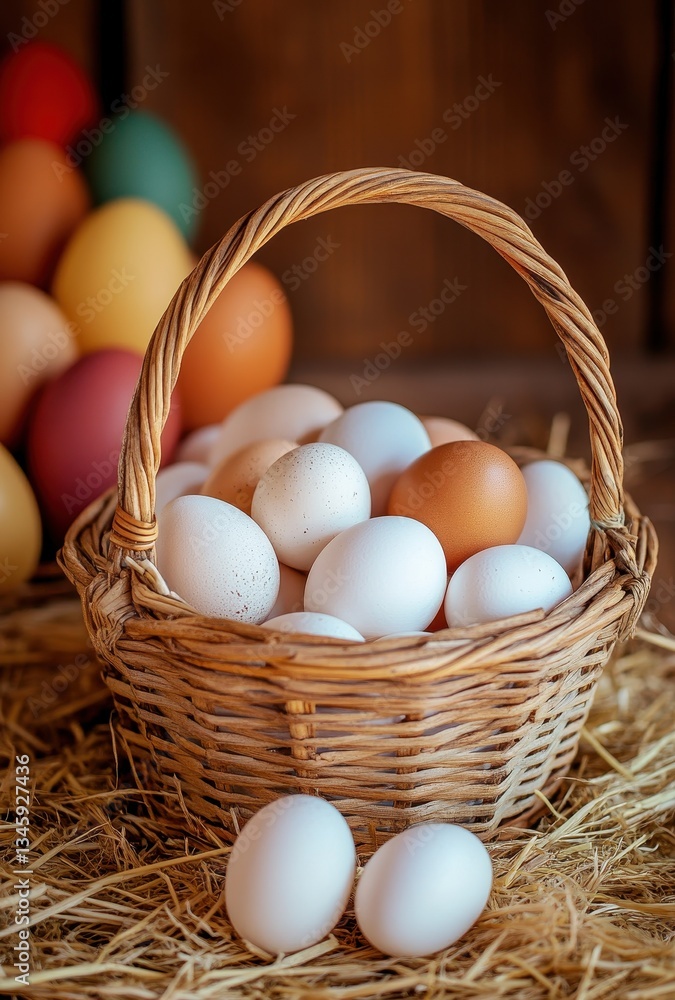 Poster fresh eggs in woven basket surrounded by colorful eggs on straw background in rustic setting for far