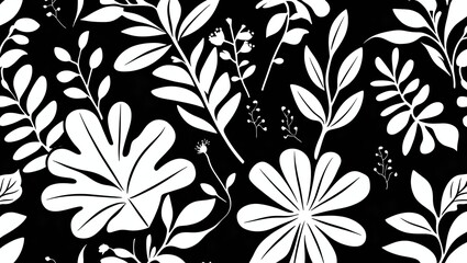 Elegant Monochrome Floral Pattern: A Seamless Design of White Silhouettes on Black Background