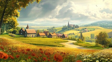 Naklejka premium Idyllic rural village nestled in rolling hills, sunlit fields of wildflowers and poppies, winding road.