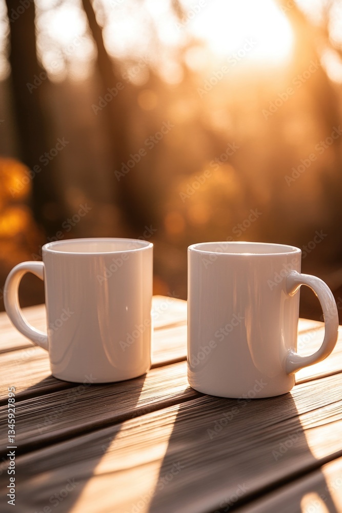 Poster two white coffee mugs sitting on a wooden table with a rustic background