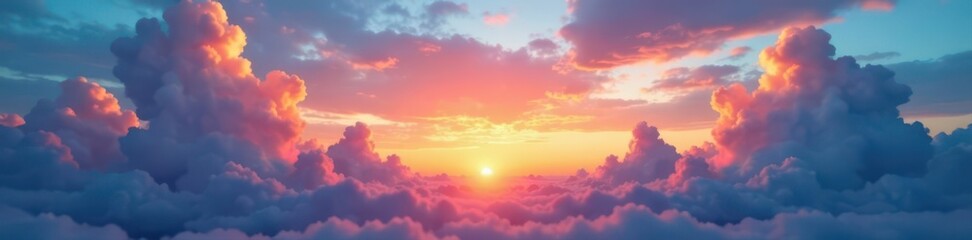 Obraz premium Stunning colorful clouds at dawn, bright blue and orange sky , golden hour, high angle, background