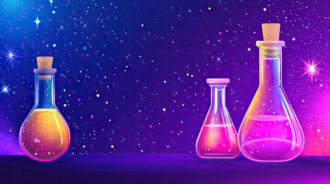 Colorful potions, cosmic background, science fantasy, elixir