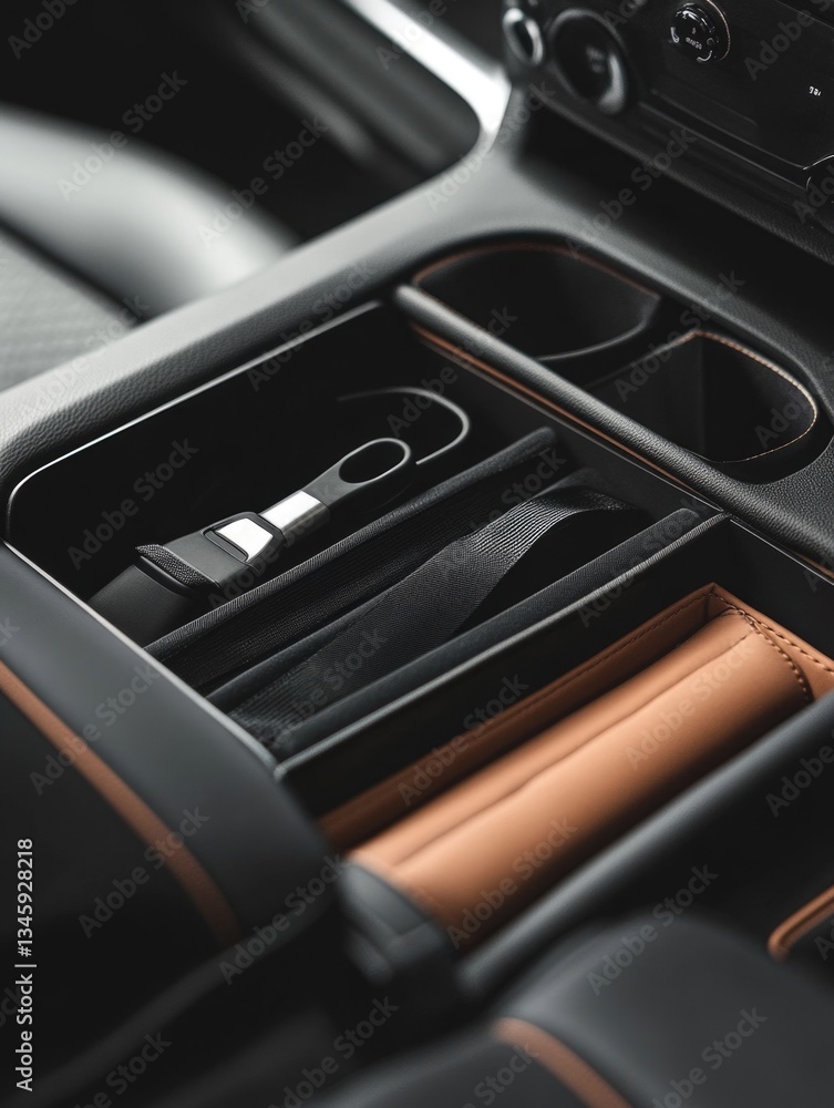 Poster a detailed view of a car's interior center console, showing controls and features
