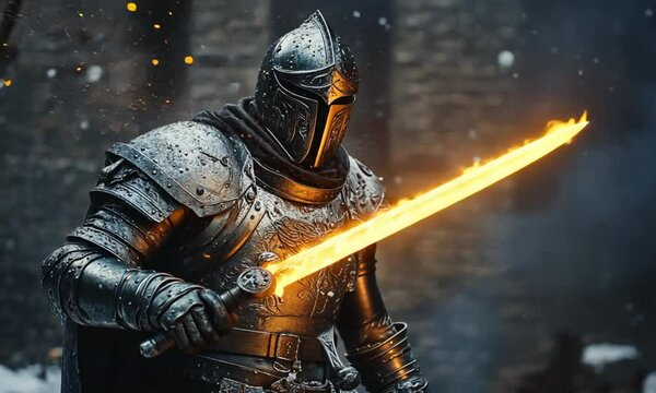 A formidable knight clad in dark armor holds a glowing sword in a wintery setting.