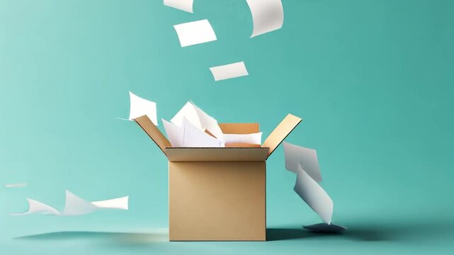 Teal Cardboard Box with Flying Papers Dynamic Scene of Organization, Chaos, and Creativity in Your Office Workspace for Effective Sorting and Decluttering