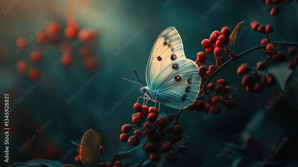 Poster a delicate white butterfly perched on a branch of a tree, showcasing its intricate wings and gentle 