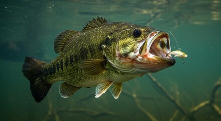 Obraz premium A largemouth bass with a wide mouth and a strong, muscular body built for hunting.