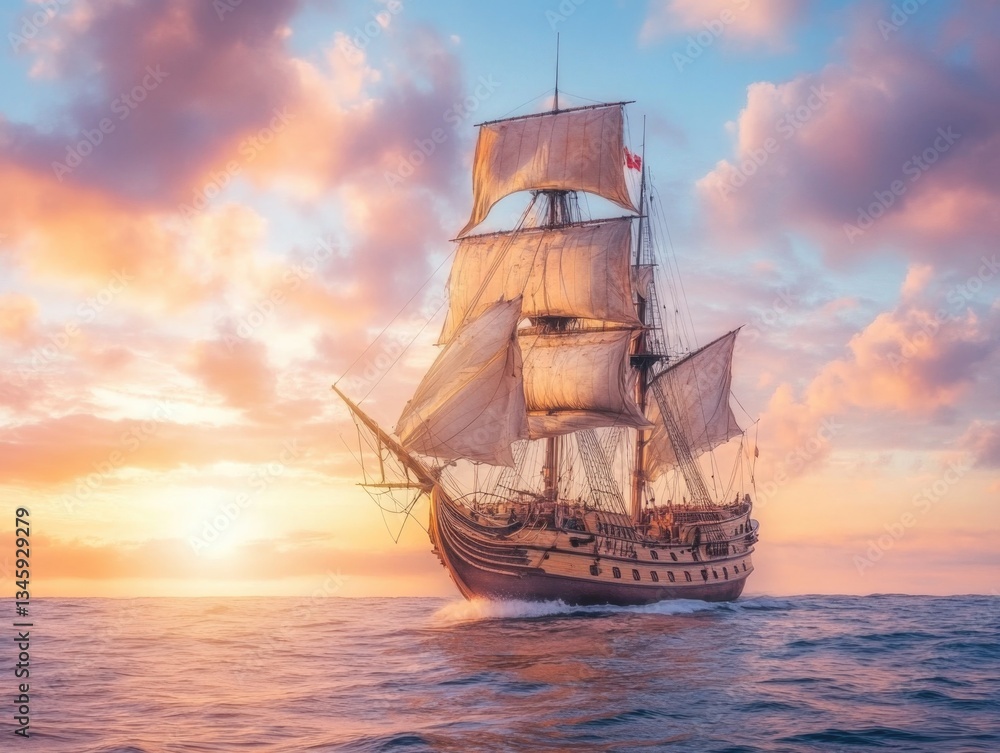 Poster a sailboat gliding through the ocean's calm waters as the sun sets in the background