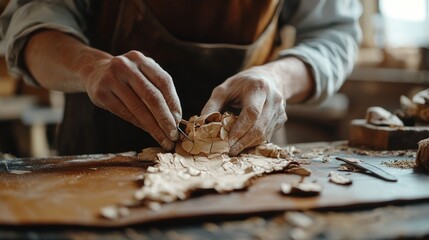 A person carving a wooden object in an apron, great for crafts and DIY scenes