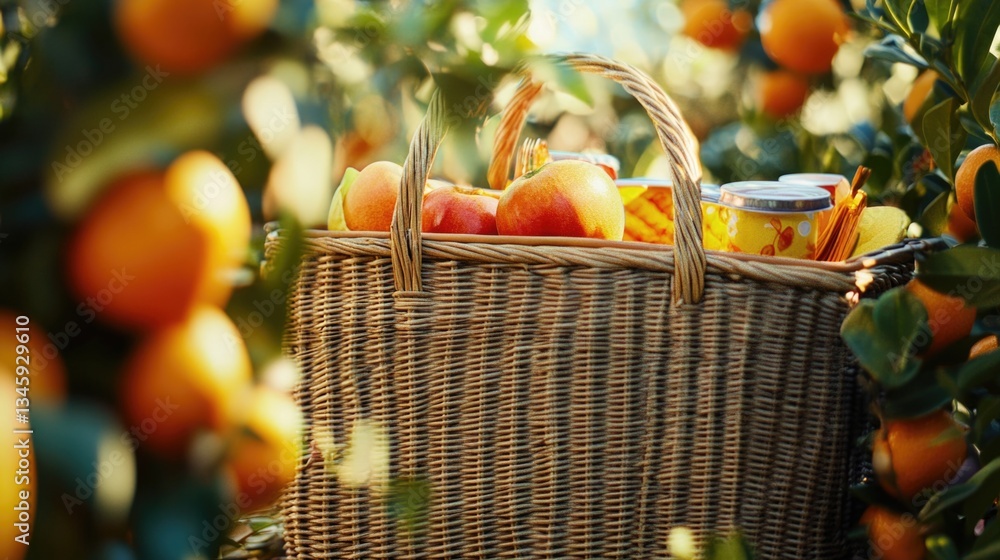 Poster a wicker basket filled with fresh apples and oranges
