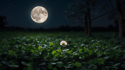 A glowing clover rests under the moonlight, its leaves faintly shimmering. The still night and soft rustling leaves make it a symbol of hope and good fortune.