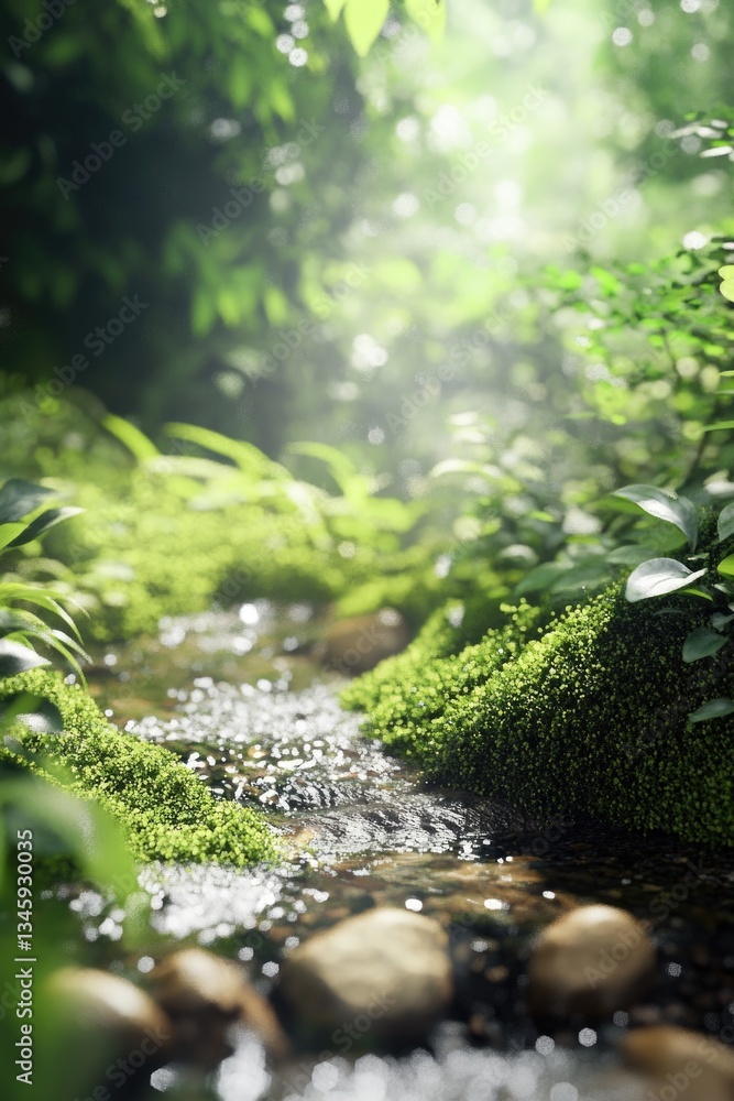 Poster a serene and peaceful scene of a stream flowing through a dense and vibrant green forest