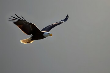Bald Eagle With Wings Spread Glides With Power And Freedom Against Gray Background