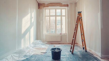 Room renovation underway with fresh wallpaper and tools for a bright, inviting space