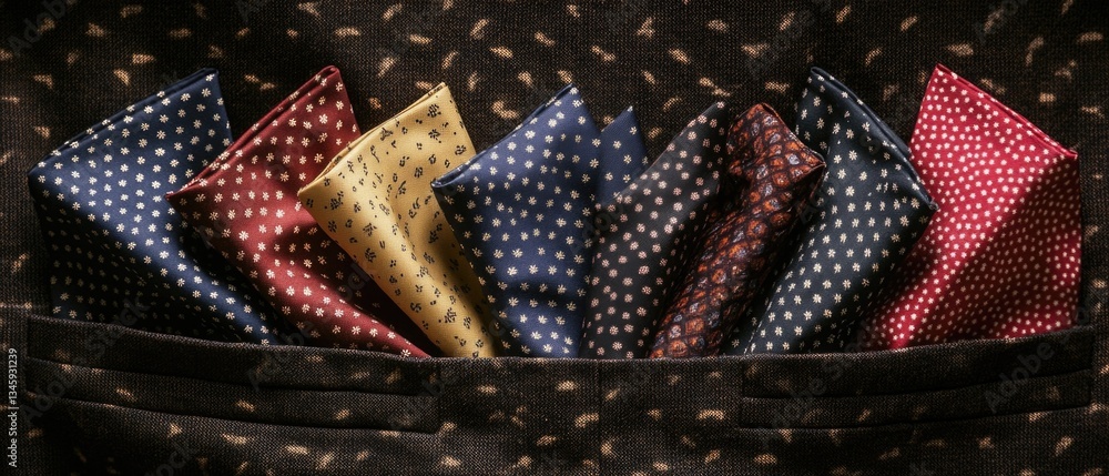 Poster A collection of differently colored pocket squares arranged neatly in a small pouch