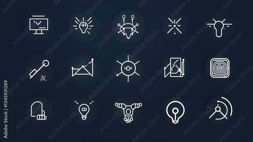 Poster a set of 15 minimalist sleek outline icons representing various digital technological and user inter