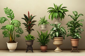 Fototapeta premium Potted plants arranged on a floor, possibly decorative or functional