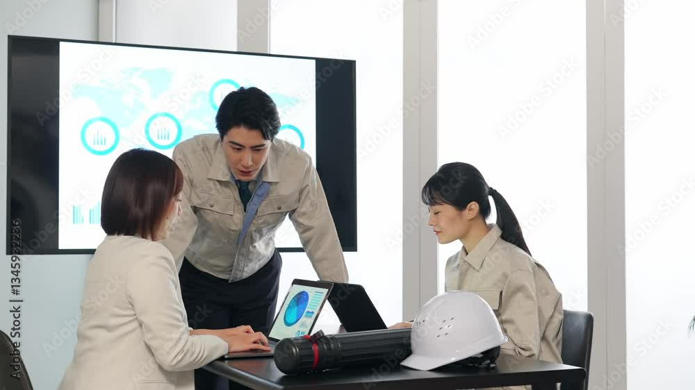 Poster 会議、ミーティング、会社員、ビジネス、打ち合わせ、人物、作業員、エンジニア、建設、ゼネコン、開発、戦略、経営、企業、チームワーク、日本人、男性、女性、海外進出、作業服、工事、産業、工業、製造業、設計、