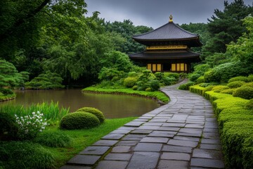 Fototapeta premium A traveler perspective walking along the stone path leading to the Golden Pavilion, capturing the first breathtaking glimpse of the temple