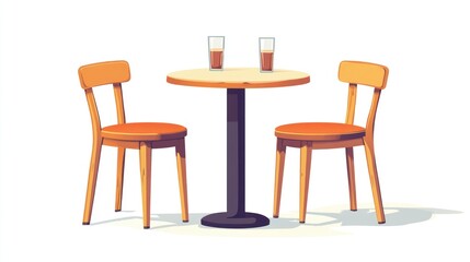 Cafe table and chairs, illustration, two drinks, simple interior, graphic design