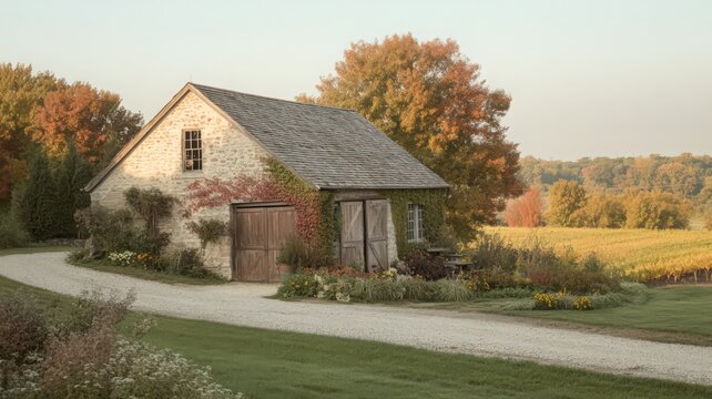 Rustic Stone Barn in Autumnal Landscape