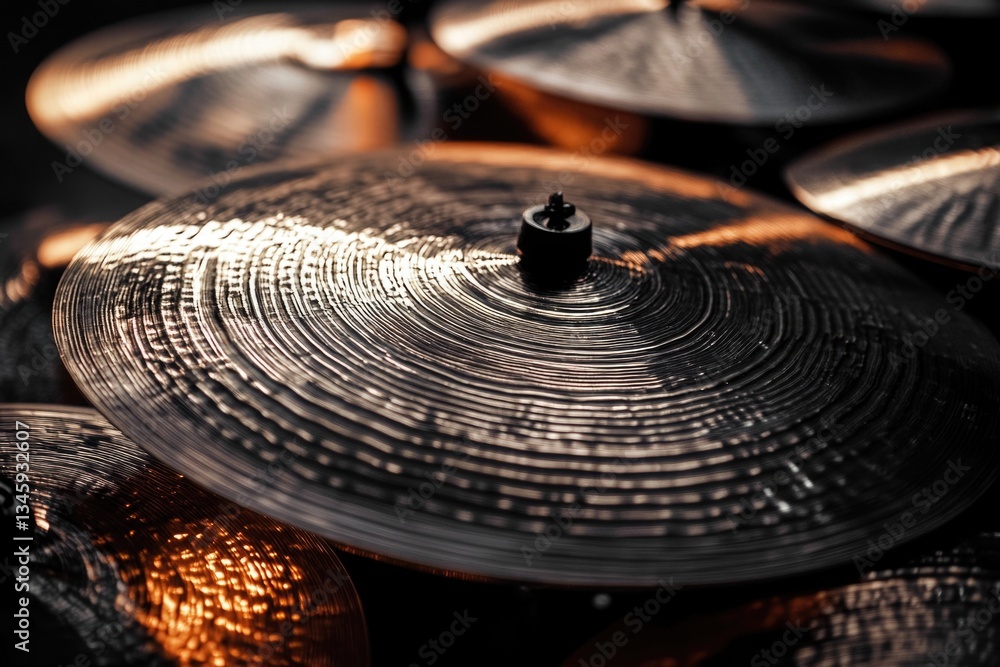 Poster a close-up shot of a bunch of cymbals lying on a table