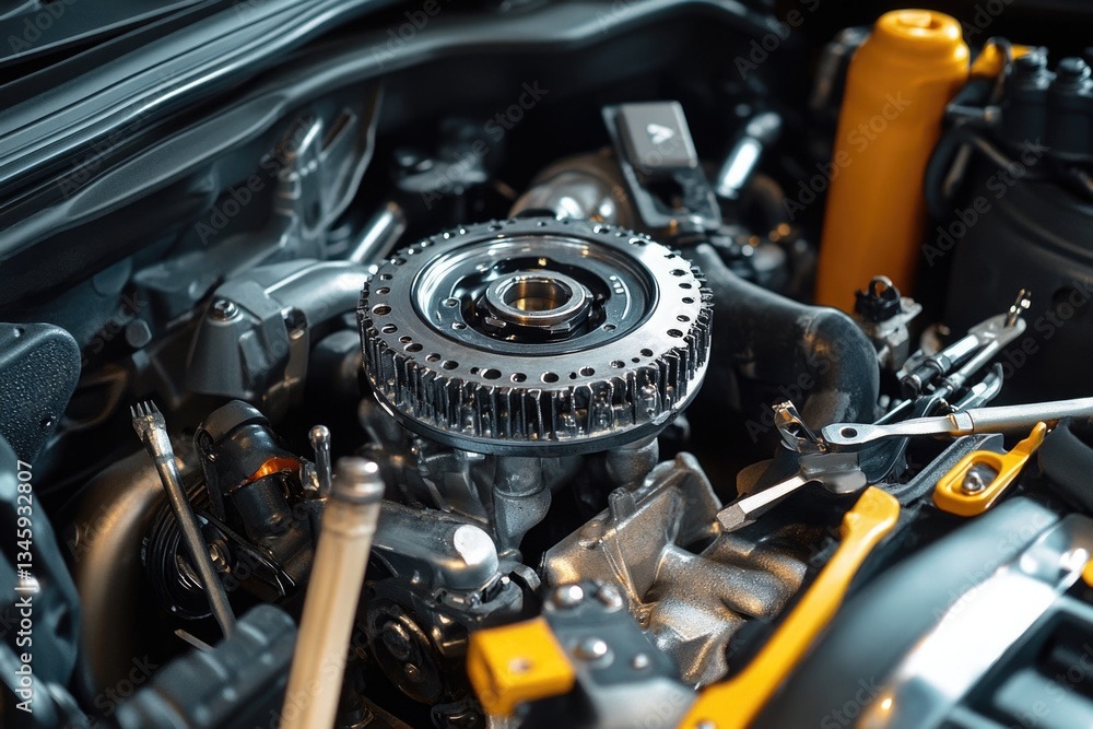 Poster close-up shot of a car engine with various tools placed around it, suitable for diy or repair-relate
