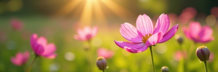 Fototapeta premium Vibrant cosmos bloom in sunlit meadow Soft focus, macro detail , wildflower, design, colorful