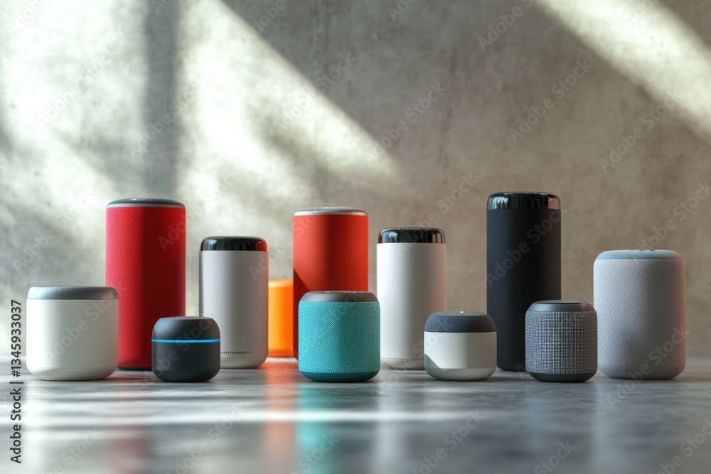 Poster a collection of colorful speakers placed on a table