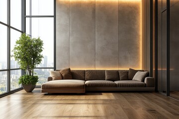 Modern, spacious living area with city views, featuring a comfortable sectional sofa and a minimalist aesthetic