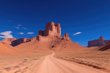 Naklejka premium Desert landscape with a dramatic rock formation and a dirt road