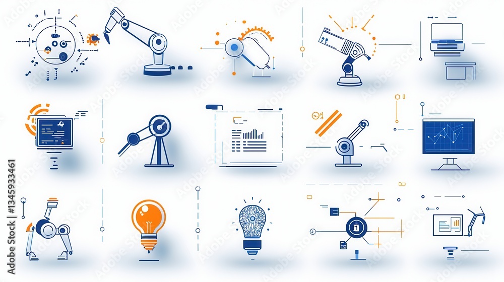 Poster a collection of icons representing various technologies and tools used in professional business auto