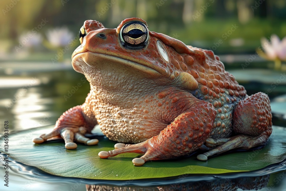 Poster a close-up view of a green frog sitting on the edge of a leaf floating on the surface of a pond