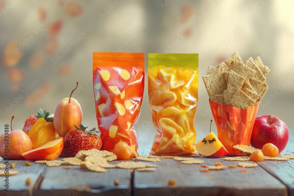 Poster Assorted snacks placed on a rustic wooden table, ideal for events or parties