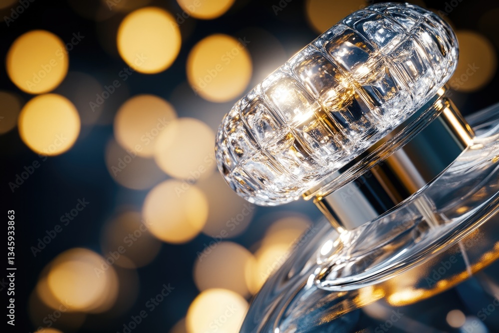 Poster close-up view of a perfume bottle on a table, suitable for advertising or product display