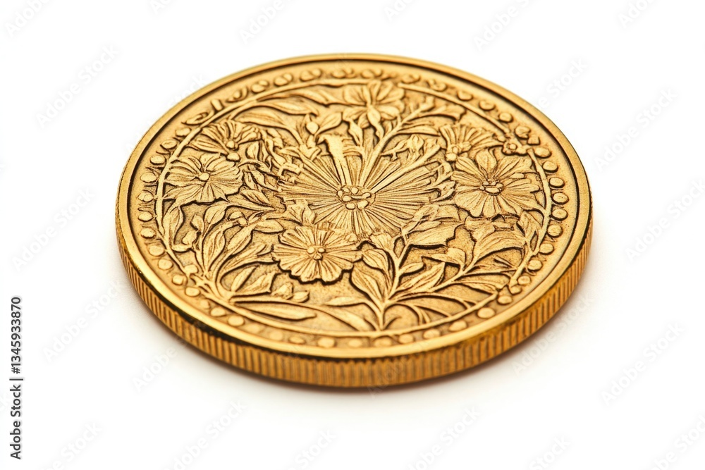 Poster close-up view of a gold coin on a white surface, great for financial and treasure-related concepts
